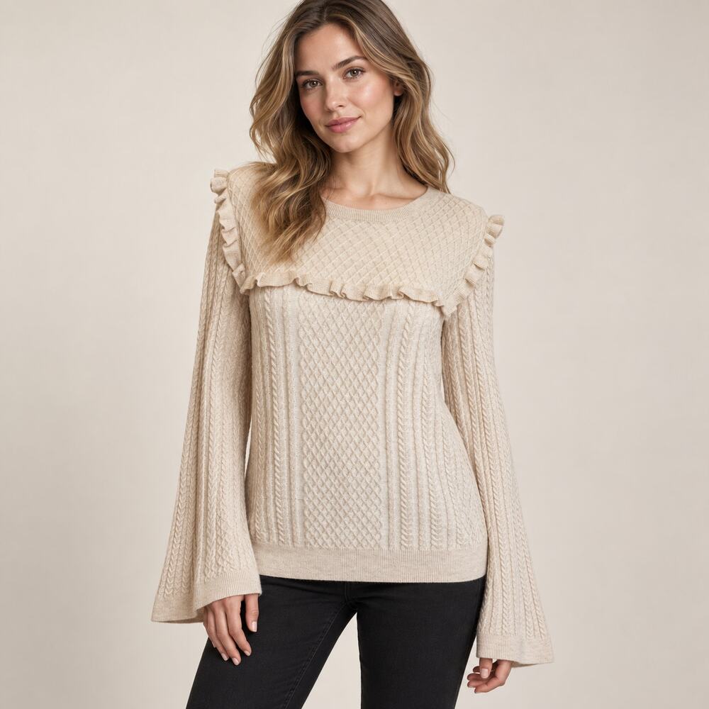 Duffy Cream Wool Blend Cable Knit Ruffle Bell Sleeve Sweater M